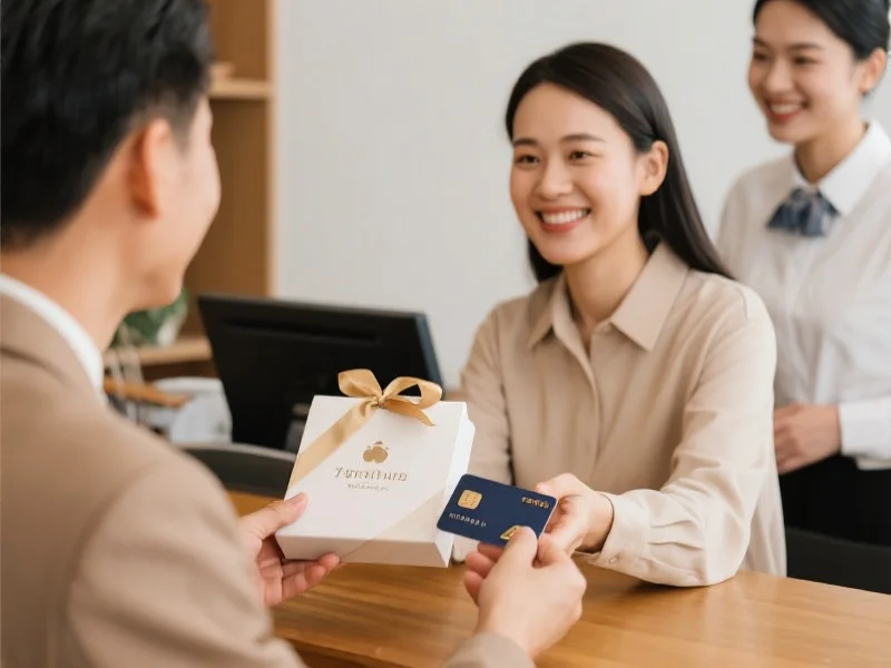 一位微笑的客户在桌前收到专属礼品和会员卡，旁边有工作人员热情服务